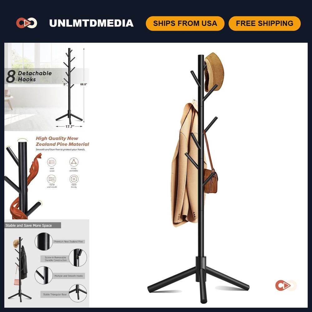 Freestanding Coat Rack with 8 Hooks, Adjustable Height, Sturdy Black Design